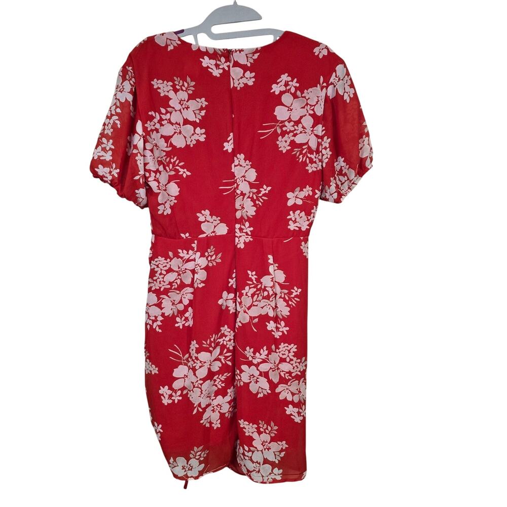 NEW NWT Women's Apricot Red & White Floral Ruch Front V-Neck Dress | Size 6 - Picture 3 of 13